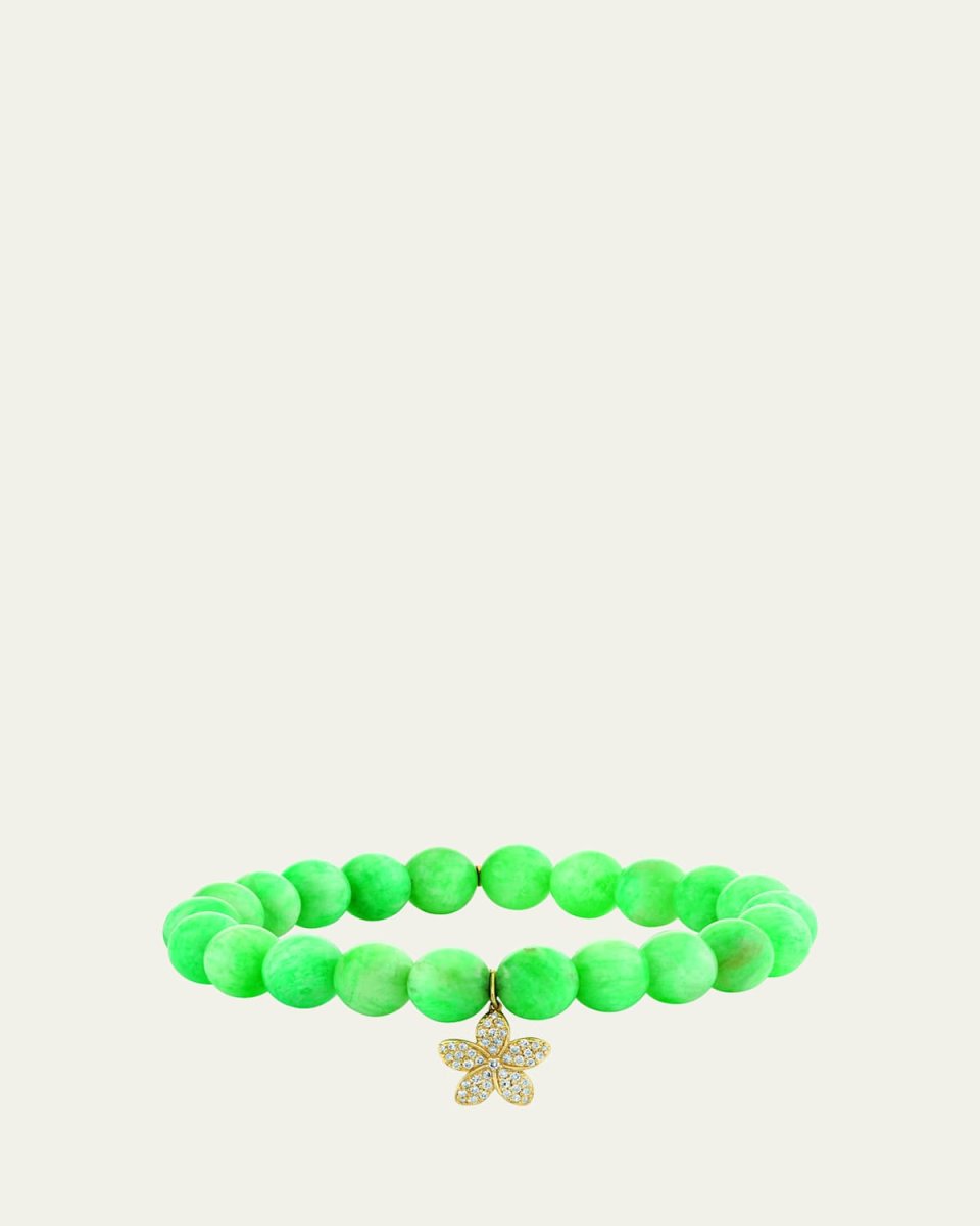 14K Yellow Gold Plumeria Charm and Russian Amazonite Bead Bracelet